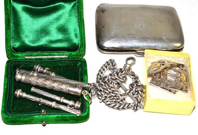Lot 19 - Silver cigarette case, silver albert, two buckles, brooch, five toothpicks/pencil