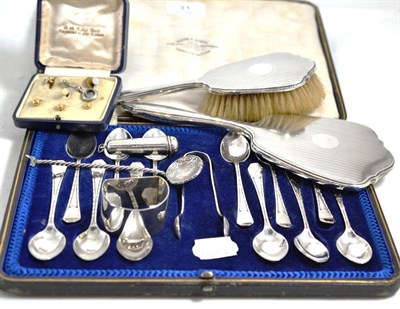Lot 31 - Cased silver spoons, dressing table pieces, dress studs, silver pinny hook, etc
