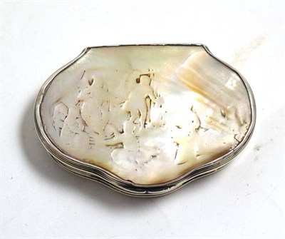 Lot 34 - An 18th century silvered metal snuff box, the hinged lid and base set with a mother-of-pearl...