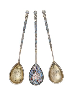 Lot A Set of Three Russian Silver-Gilt and Enamel Spoons