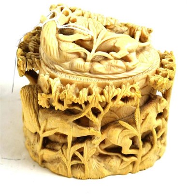 Lot 47 - Early 20th century carved ivory box, with a hunt