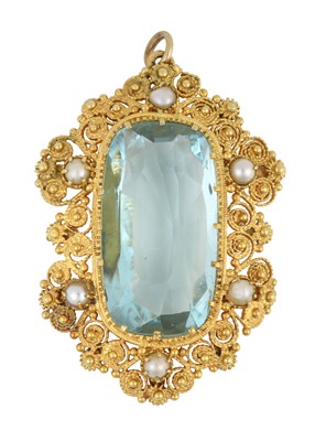 Lot 2255 - An Aquamarine and Seed Pearl Pendant, circa...