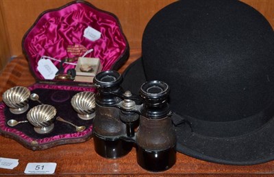 Lot 51 - Dunn & Co Ltd top hat, cased set of three silver salts and spoons, cameo pendant etc