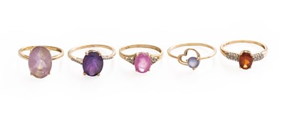 Lot 453 - Five 9 Carat Gold Multi-Gem Set Rings,...