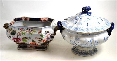 Lot 65 - An Imperial stone china Imari decorated tureen and a Masons blue and white pedestal tureen and...