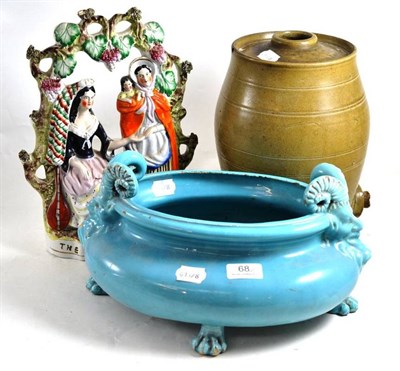 Lot 68 - A stoneware barrel, Staffordshire group of a fortune teller and a Victorian turquoise glazed...