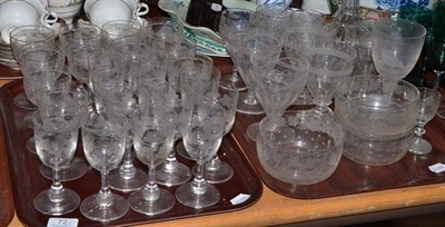 Lot 72 - Two trays of vine and grape decorated wines and other engraved glassware