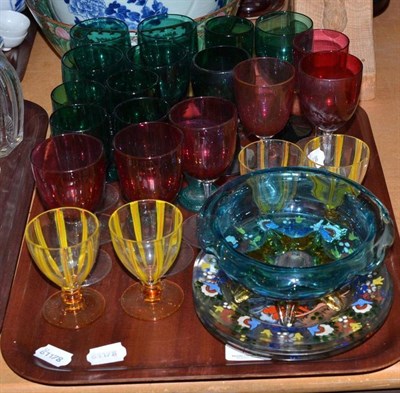 Lot 73 - Cranberry and green glass wines, four Venetian enamelled glass plates etc