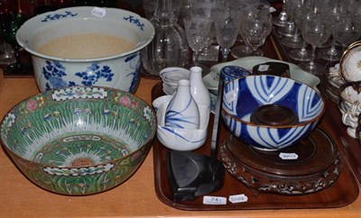 Lot 74 - A blue and white Oriental planter, a Cantonese bowl and a tray of Oriental items and hardwood...