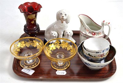 Lot 75 - Three tea bowls, a Japanese Imari bowl, pair of gilt engraved glasses, Staffordshire King...