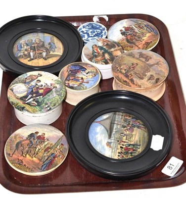 Lot 81 - Seven assorted Victorian pot lids including Wimbledon July 2nd 1860, a Chinese ginger jar cover and