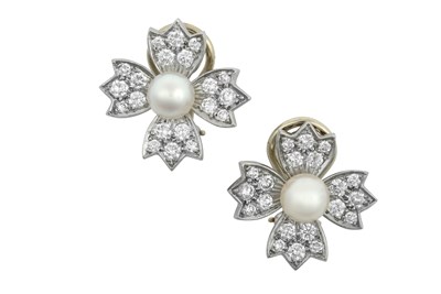 Lot 2211 - A Pair of Cultured Pearl and Diamond Floret...