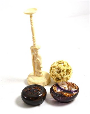 Lot 123 - An early 20th century puzzle ball, a Blue John miniature bowl and a faux tortoiseshell hinged box