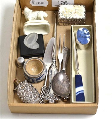 Lot 126 - Silver caddy spoon, Wedgwood salt, pill box etc
