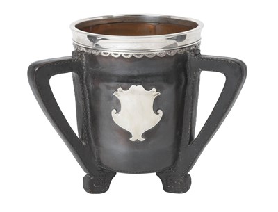 Lot An American Silver-Mounted and Copper-Lined Leather Three-Handled Cup
