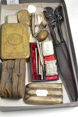 Lot 127 - A Victorian silver vesta case, a silver pill box, ivory opera glasses, 1914 Christmas tin,...