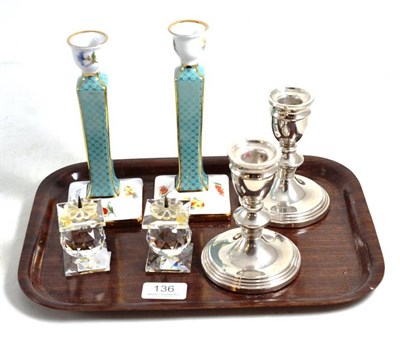 Lot 136 - A pair of silver candlesticks, a pair of Swarovski candlesticks and a pair of porcelain...