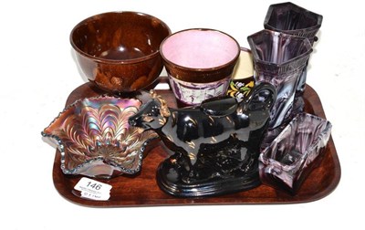 Lot 146 - Three pieces of slag glass, two pieces of copper lustre, a cow creamer, carnival glass dish and...