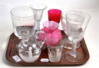 Lot 148 - A Mary Gregory jug and tumbler, an air-twist drinking glass, engraved glass etc