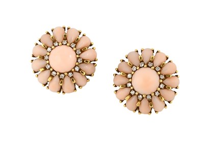 Lot 2251 - A Pair of Coral and Diamond Cluster Earrings...