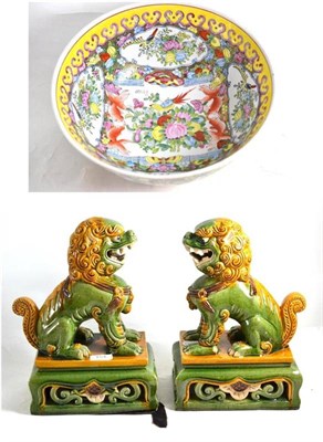 Lot 154 - Modern Chinese bowl and a pair of pottery Dogs of Fo