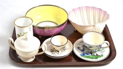 Lot 155 - A Wedgwood bowl designed by Norman Wilson, Belleek shell dish, spill vase, Wedgwood creamware etc