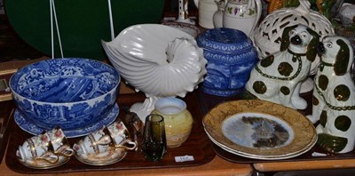 Lot 157 - Two trays of decorative ceramics including Prattware plates, modern creamware, pair of...