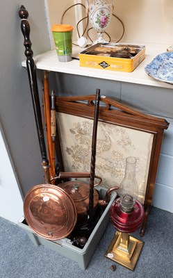 Lot 189 - Large Copper Kettle, saucepans, funnel, brass...