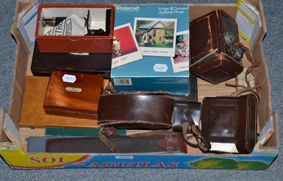 Lot 167 - Box of cameras, weights, drawing instruments, microscope, slide rulers etc