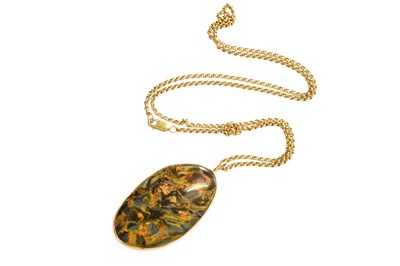 Lot 387 - A Hardstone Pendant on A 9 Carat Gold Chain,...