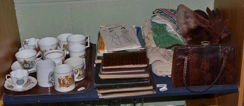 Lot 169 - Woolwork sampler, green bed throw, handbag, commemorative cups and mugs, Royal Family books,...