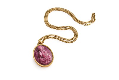 Lot 367 - A 9 Carat Gold Ruby Cameo Pendant on A 9 Carat...