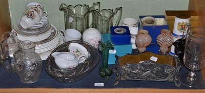 Lot 170 - Commemorative wares, Art Nouveau pewter planter, celery vase, glass jugs etc