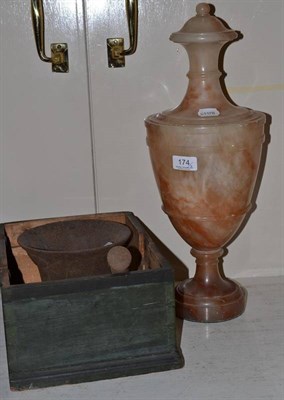 Lot 174 - Alabaster urn and cover, pine box and a pestle and mortar