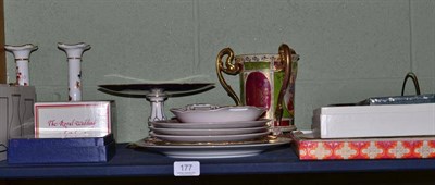 Lot 177 - A Vienna style tyg, a pair of Coalport candlesticks and a quantity of ceramics (on one shelf)