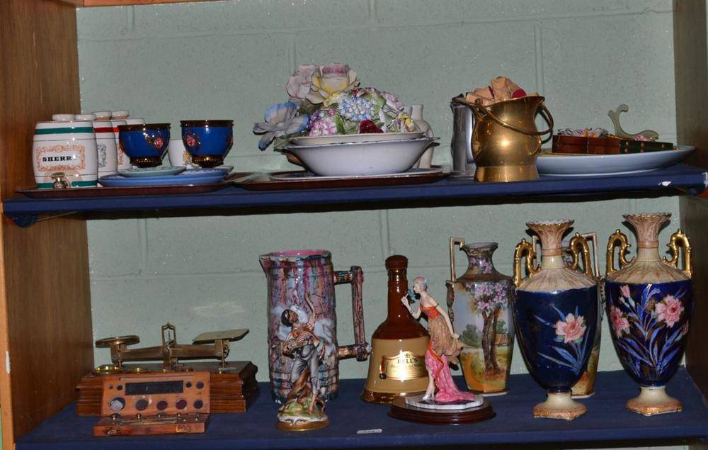 Lot 178 - Oak and brass postal scales, modern lamp, decorative ceramics etc (on two shelves)