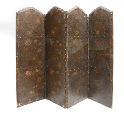 Lot 607 - An Embossed Leather Four-Leaf Dressing Screen,...