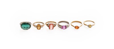 Lot 437 - Six Multi-Gem Set Rings, including quartz,...