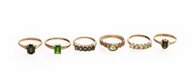 Lot 477 - Six 9 Carat Gold Gem-Set Rings, including...
