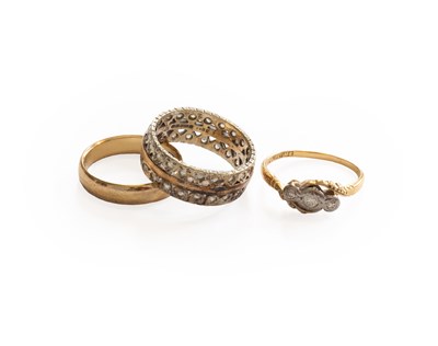 Lot 420 - A 9 Carat Gold Band Ring, finger size K1/2; A...