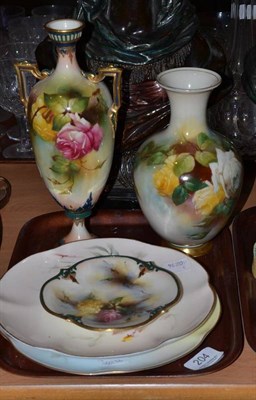 Lot 204 - A Hadley Worcester vase (a.f.), a Royal Worcester rose vase, a Hadley saucer and two Royal...