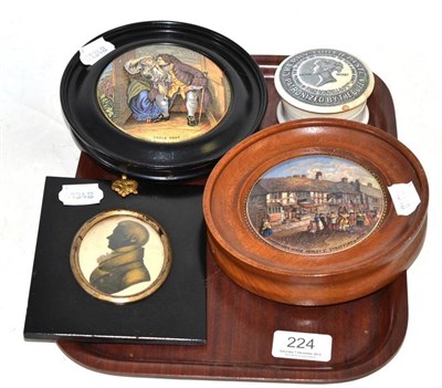 Lot 224 - Silhouette miniature portrait and two pot lids - 'Uncle Toby', 'Shakespeare's House, Henley Street
