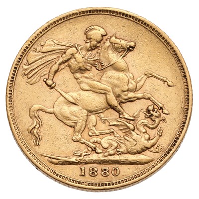Lot 56 - Victoria, Sovereign 1880/70, second 8 over 7,...