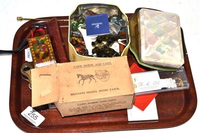 Lot 255 - Mother-of-pearl card case, gold mounted cigar holder, small lead figures, Britains model farm horse