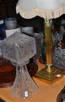 Lot 259 - Brass Corinthian column table lamp and a cut glass table lamp and shade
