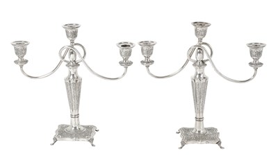 Lot A Pair of Persian Silver Three-Light Candleabra