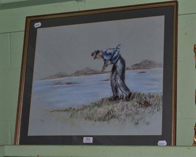 Lot 264 - A Sean Woodward 1980 pastel of a golfer with lost ball