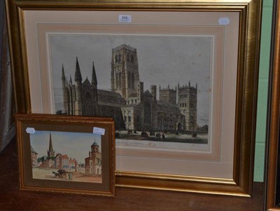 Lot 268 - Engraving of Durham Cathedral and two watercolours of Darlington (3)