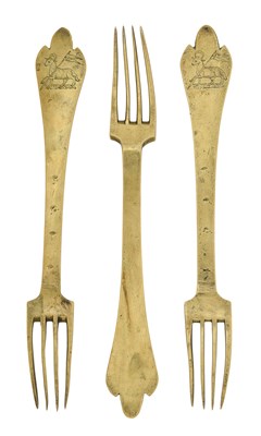 Lot 2145 - A Set of Three Brass Trefid Pattern Forks