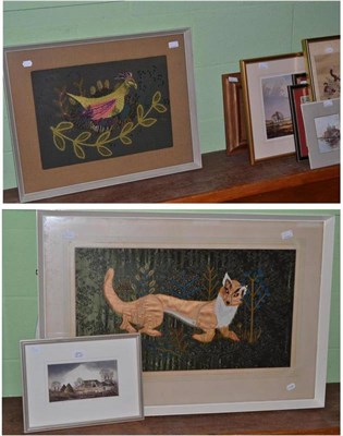 Lot 271 - A signed limited edition engraving by Roland Hilder, embroidered picture of a weasel, a...